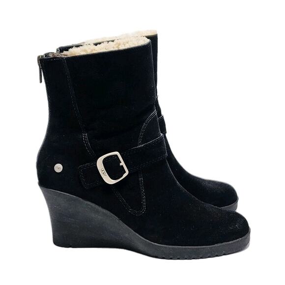 UGG Gissella Womens 10 Black Suede Shearling Lined Wedge Mid Calf Ankle Boots - Picture 2 of 9